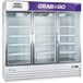 An Avantco white swing glass door refrigerator with customizable panel.