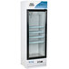 An Avantco white glass door refrigerator with shelves.