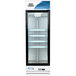 An Avantco white glass door refrigerator with shelves.