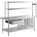 A Regency stainless steel work table with undershelf and overshelf.