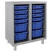 A Hirsh Industries metal storage cabinet with blue bins inside.
