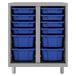 A platinum metal storage cabinet with blue bins on a shelf.