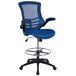 A Flash Furniture blue mesh drafting stool with a black metal base and foot rest.