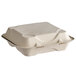 A white Eco-Products compostable clamshell takeout container with three compartments and a lid.