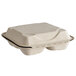 A white Eco-Products compostable clamshell takeout container with three compartments.