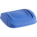 A blue plastic Toter lid for a square trash can.