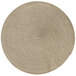 A close-up of a round taupe woven RITZ polypropylene placemat.