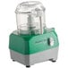 A clear and green AvaMix Revolution batch bowl food processor with a lid.