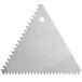 An aluminum triangular decorating and icing comb with a hole on a white background.