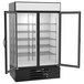 A Beverage-Air black and white glass door wine refrigerator with two doors open.