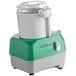 An AvaMix Revolution gray food processor with a clear and green lid.