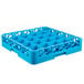 A blue plastic Carlisle glass rack with 25 compartments and holes in it.
