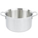 A close-up of a silver Vollrath stainless steel sauce pot with handles.
