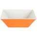 A white square melamine bowl with an orange interior and white rim.