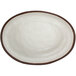 A white oval melamine platter with a brown rim.