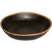 A black melamine bowl with a brown rim.