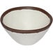 A white melamine bowl with brown trim.