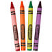 A yellow Crayola cello wrap with a black logo and the number 4. A group of Crayola crayon packs with different colored crayons.