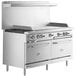 A stainless steel Cooking Performance Group commercial gas range with two standard ovens.