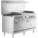A large stainless steel Cooking Performance Group commercial gas range with two standard ovens and a griddle.