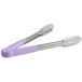 San Jamar Saf-T-Zone stainless steel tongs with a purple handle.