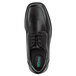 A close-up of a black SR Max Manhattan men's oxford dress shoe with laces.