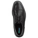 A close-up of a black SR Max non-slip oxford dress shoe with laces.