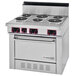 A silver Garland electric restaurant range with six open burners and a standard oven.