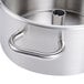 A close-up of a Robot Coupe stainless steel bowl with a handle and a lid.