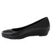 A black leather SR Max women's pump dress shoe with a wedge heel and pointed toe.