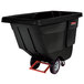 A black Rubbermaid trash cart with red wheels.