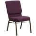 A purple Flash Furniture church chair with a gold vein metal frame and wire rack.