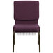 A purple Flash Furniture church chair with a gold vein frame and a wire rack.