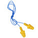 A close-up of a pair of yellow 3M UltraFit earplugs with blue cords.