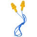 A pair of yellow 3M UltraFit earplugs with blue cords.