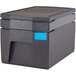 A black plastic Cambro box with blue tape on it.