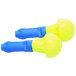 A pair of yellow and blue 3M E-A-R Push-Ins foam earplugs.
