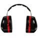 A close-up of a pair of black and red 3M PELTOR Optime 105 over-the-head earmuffs.