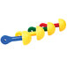 Three colorful plastic toys with yellow and green handles.