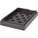 A black plastic tray with holes in it inside a black Cambro food pan carrier.