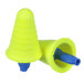 Two yellow plastic cones with blue handles.