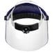 3M blue thermoplastic face shield with clear visor and black headgear strap.