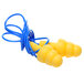 A pair of 3M yellow earplugs with blue cords.