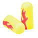Two yellow 3M E-A-Rsoft foam earplugs with red and yellow flame designs.