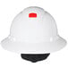 A white 3M hard hat with a red square on the top.