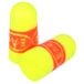 Two yellow 3M E-A-Rsoft SuperFit ear plugs with red writing on them.