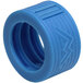 A blue plastic ring with a pattern and a hole.