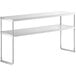 A stainless steel Avantco double deck overshelf on a white table.