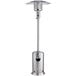 A stainless steel Backyard Pro patio heater with a round base.