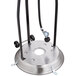 A stainless steel Backyard Pro portable patio heater base with black hoses.
